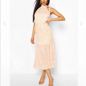 Boohoo Foil Polka Dot Chiffon Tie-Neck Midi Dress in Nude